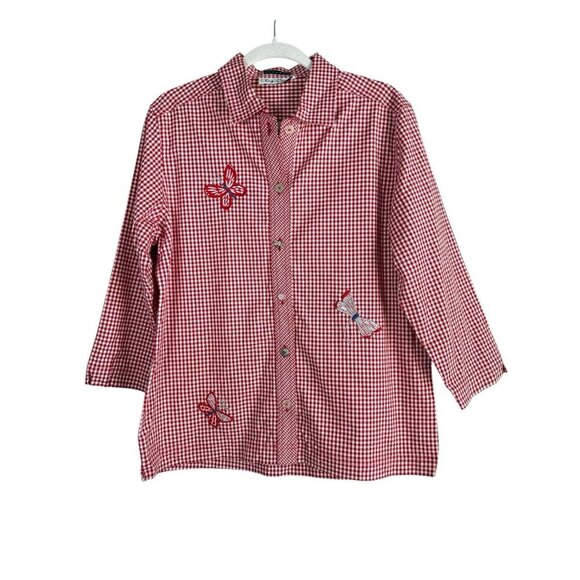 Oleg Cassini Vintage Stretch Dragonflies Gingham Red White‎ Women’s Top Size M - Picture 1 of 10